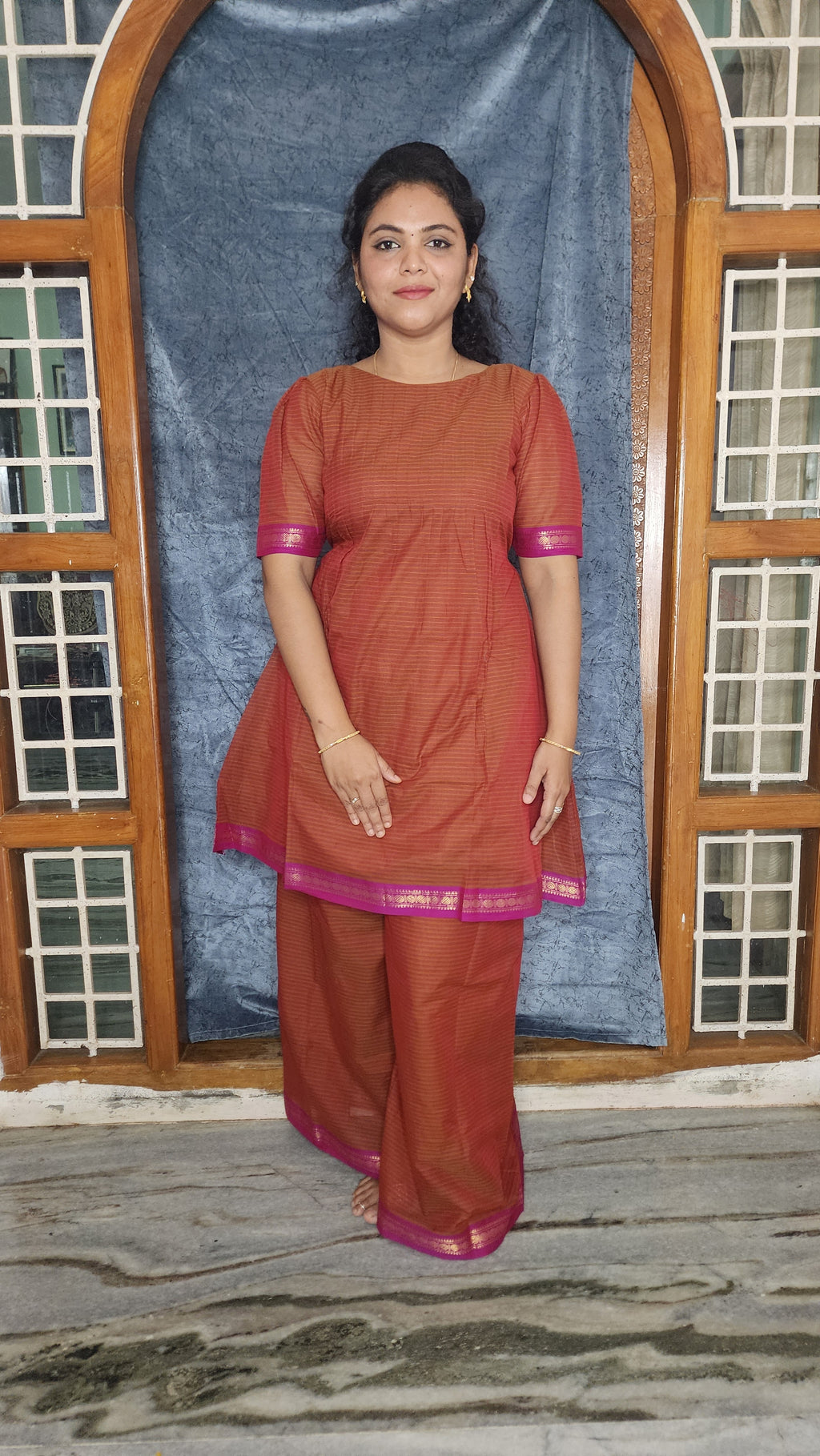 HANDLOOM COTTON ANARKALI KURTI WITH A SHARARA PANTS