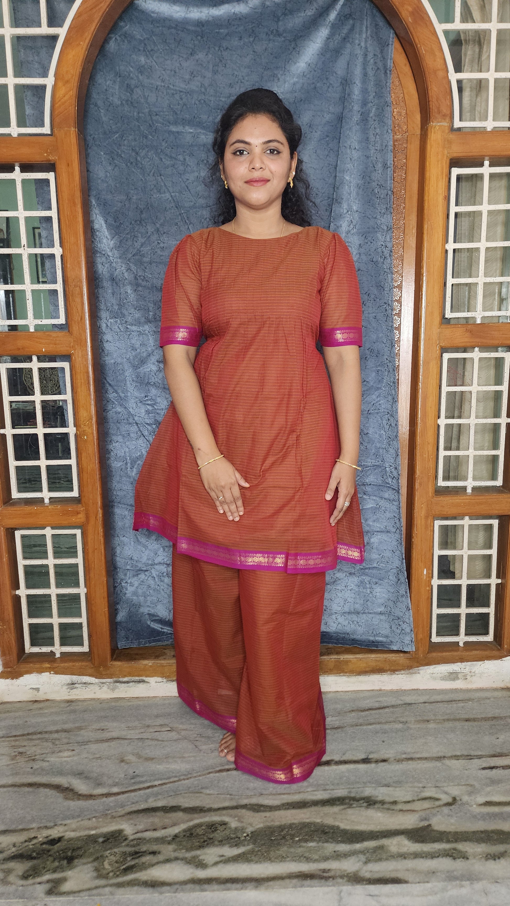 HANDLOOM COTTON ANARKALI KURTI WITH A SHARARA PANTS