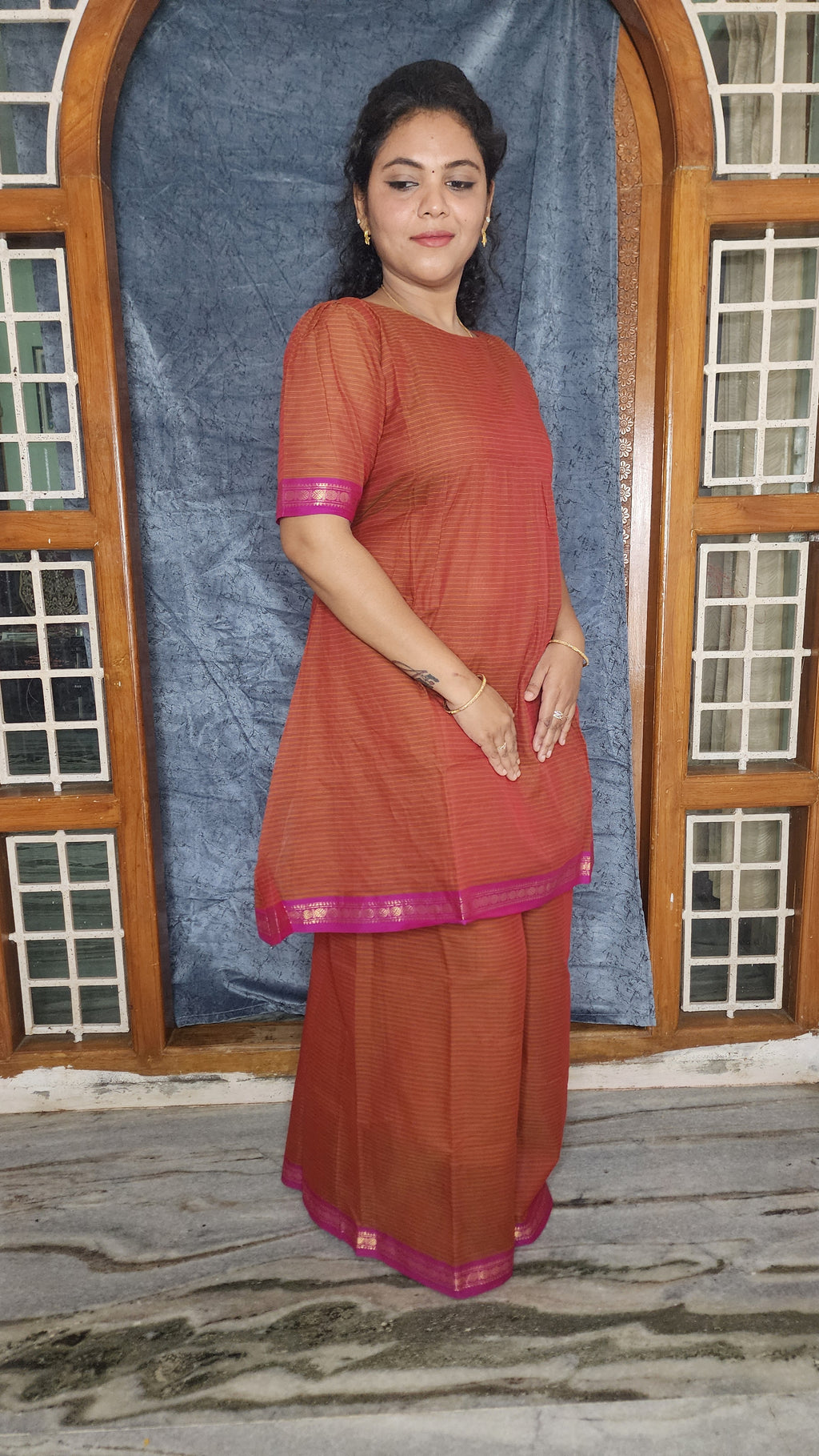 HANDLOOM COTTON ANARKALI KURTI WITH A SHARARA PANTS