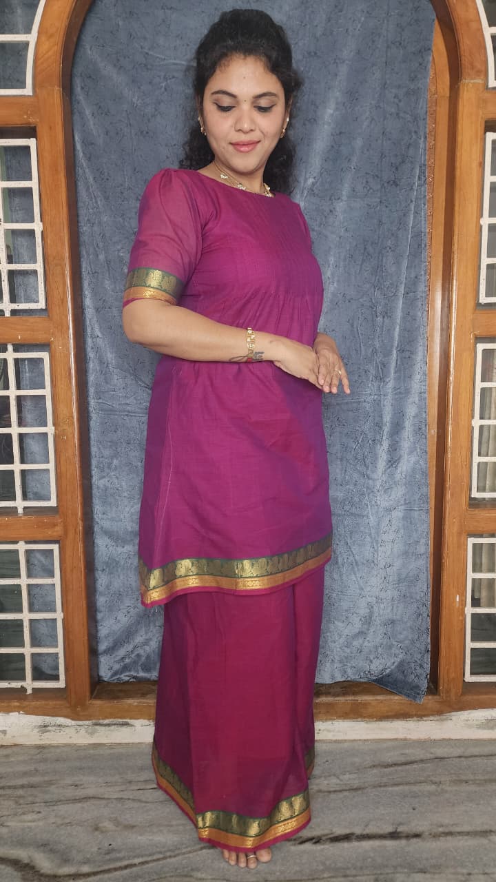 HANDLOOM COTTON ANARKALI KURTI WITH A SHARARA PANTS