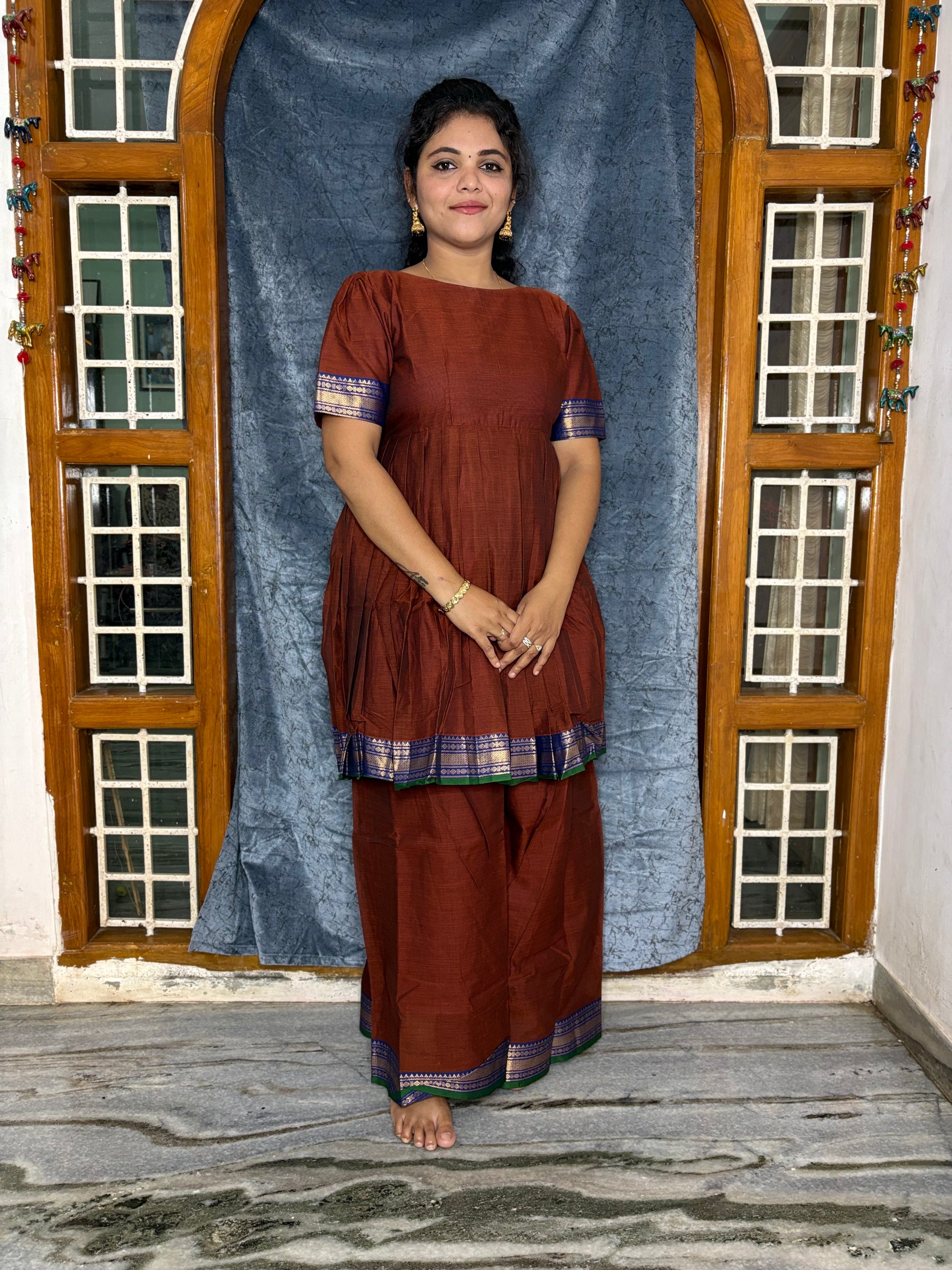 HANDLOOM COTTON ANARKALI KURTI WITH A SHARARA PANTS